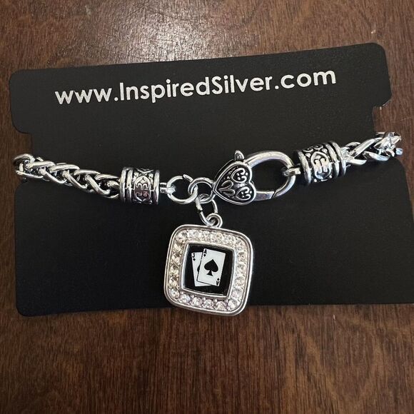 Silver Plated Blackjack Square Charm Braided Bracelet Cubic Zirconia 7.5 in‎ - Picture 2 of 13